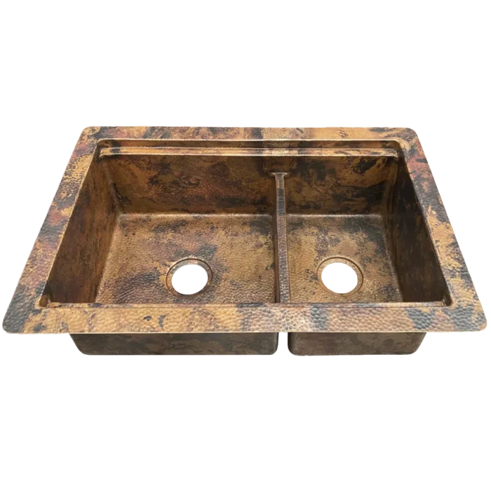 Undermount Split Workstation Copper Kitchen Sink — Hand-Hammered, artisan-crafted and hand-hammered by Monte Grande in Santa Clara del Cobre, Mexico.
