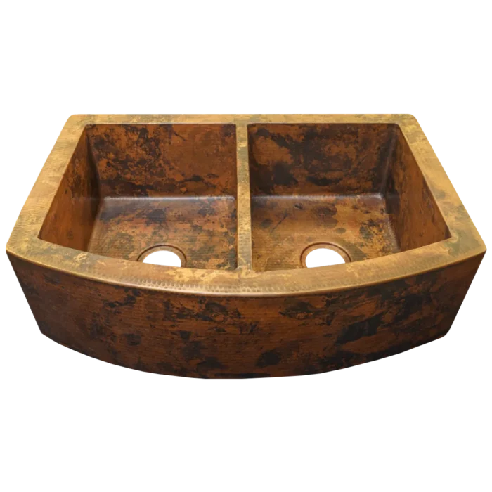 Farmhouse Split Figure-D Copper Kitchen Sink — Hand-Hammered, artisan-crafted and hand-hammered by Monte Grande in Santa Clara del Cobre, Mexico.