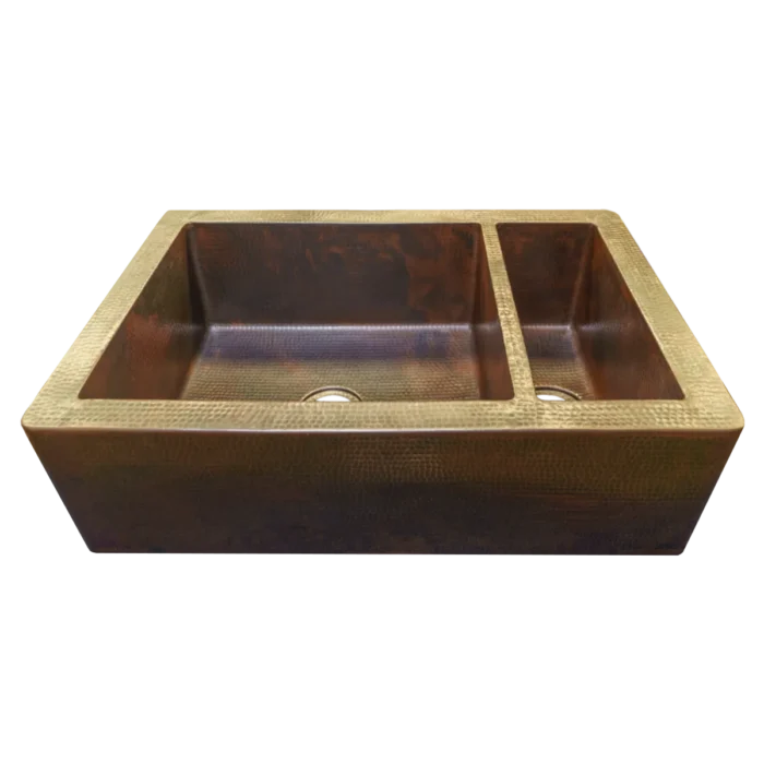 Farmhouse Split Copper Kitchen Sink — Hand-Hammered, artisan-crafted and hand-hammered by Monte Grande in Santa Clara del Cobre, Mexico.