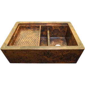 Farmhouse Split Workstation Copper Kitchen Sink — Hand-Hammered, artisan-crafted and hand-hammered by Monte Grande in Santa Clara del Cobre, Mexico.