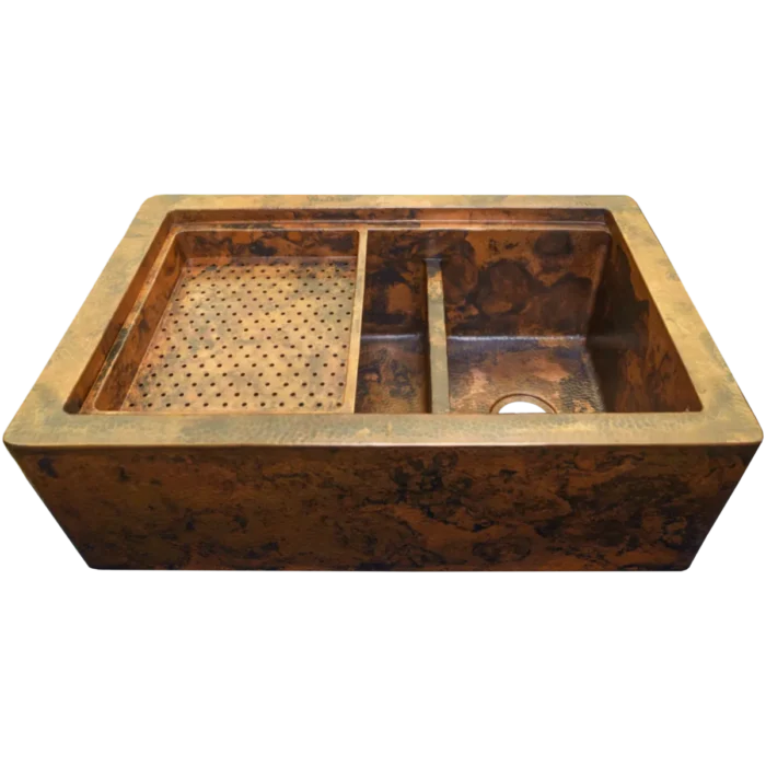 Farmhouse Split Workstation Copper Kitchen Sink — Hand-Hammered, artisan-crafted and hand-hammered by Monte Grande in Santa Clara del Cobre, Mexico.