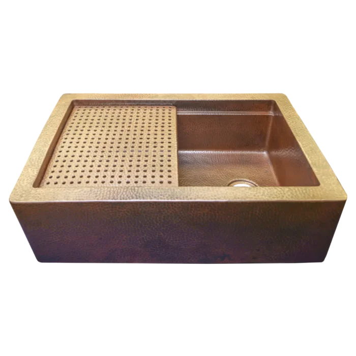 Farmhouse Workstation Copper Kitchen Sink — Hand-Hammered, artisan-crafted and hand-hammered by Monte Grande in Santa Clara del Cobre, Mexico.