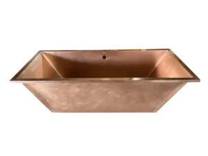 Rectangular handcrafted copper drop-in bathtub – front view.