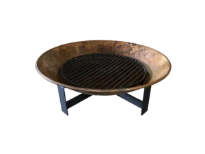 Handcrafted 38-inch copper fire pit with steel base and removable grate – front view.