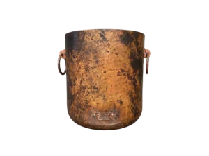 Round handcrafted copper cooler with handles, hammered finish and natural patina, 19-gauge copper ice bucket made in Mexico.