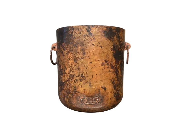 Round handcrafted copper cooler with handles, hammered finish and natural patina, 19-gauge copper ice bucket made in Mexico.