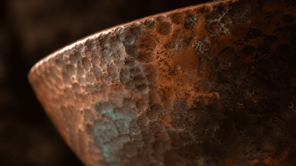 Natural copper patina and hammered texture evolving over time