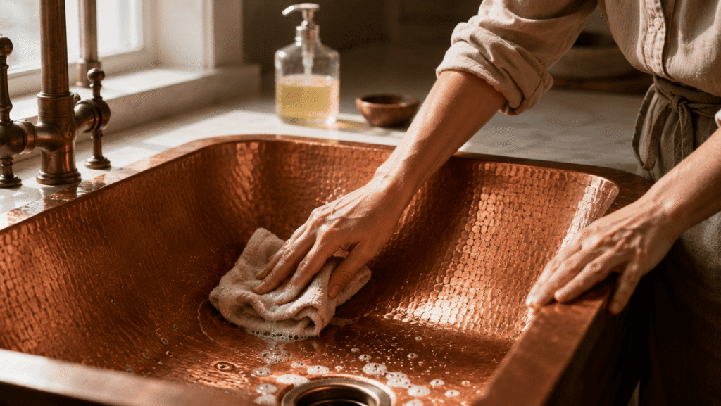Cleaning a copper sink gently with mild soap and a soft cloth