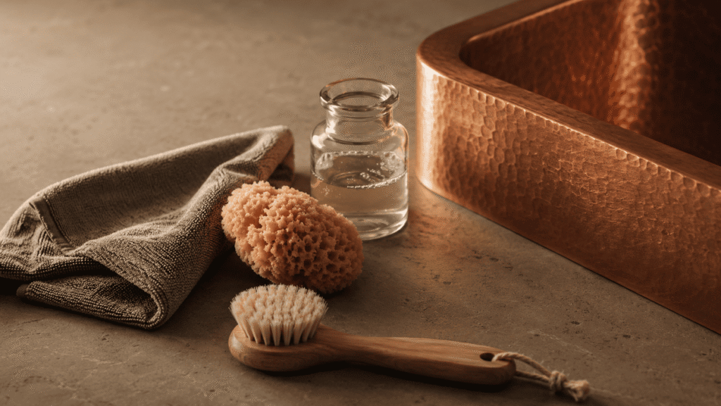 Mild soap, soft cloth and gentle tools for copper sink care