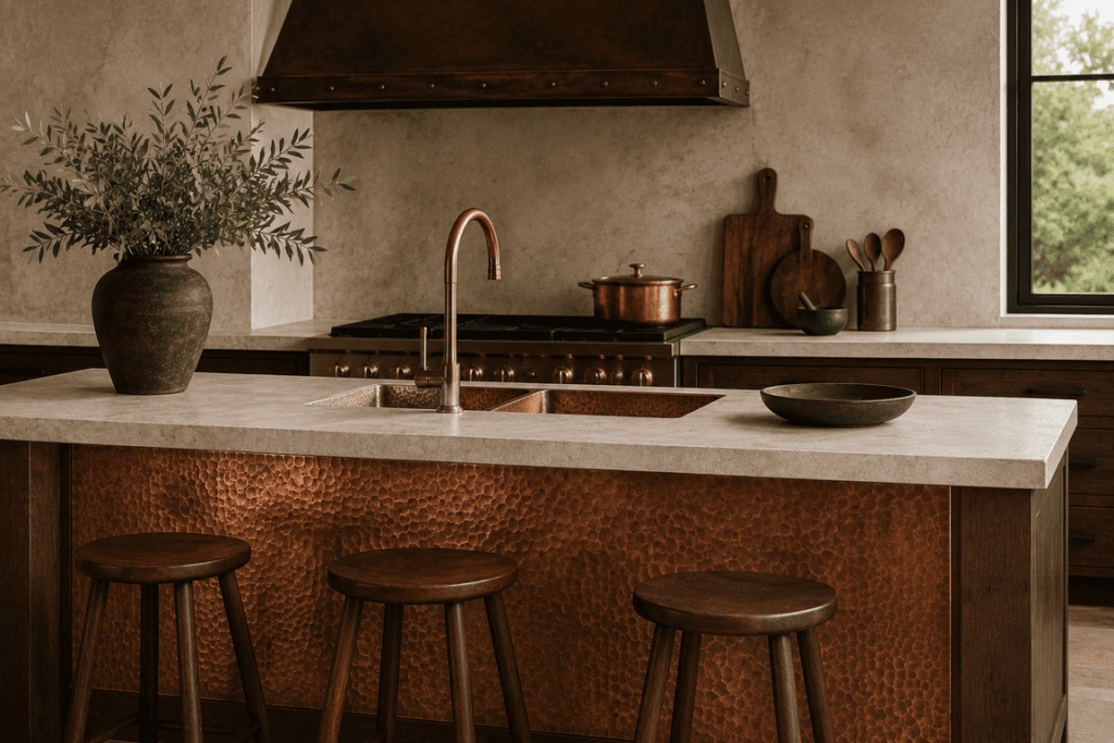 Copper kitchen sink with a naturally evolving living finish