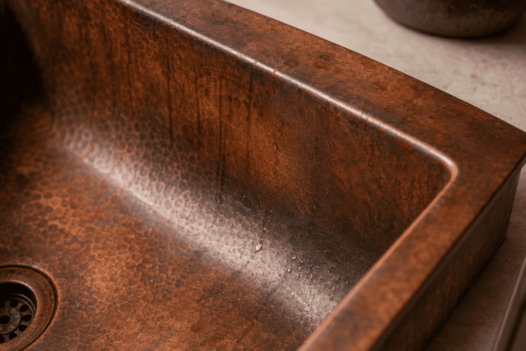 Natural water marks and patina variations on a copper sink