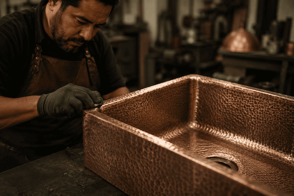 Artisan working on a handmade hammered copper sink in a workshop