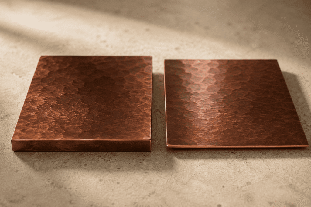 14 and 16 gauge hammered copper samples showing different sheet thicknesses