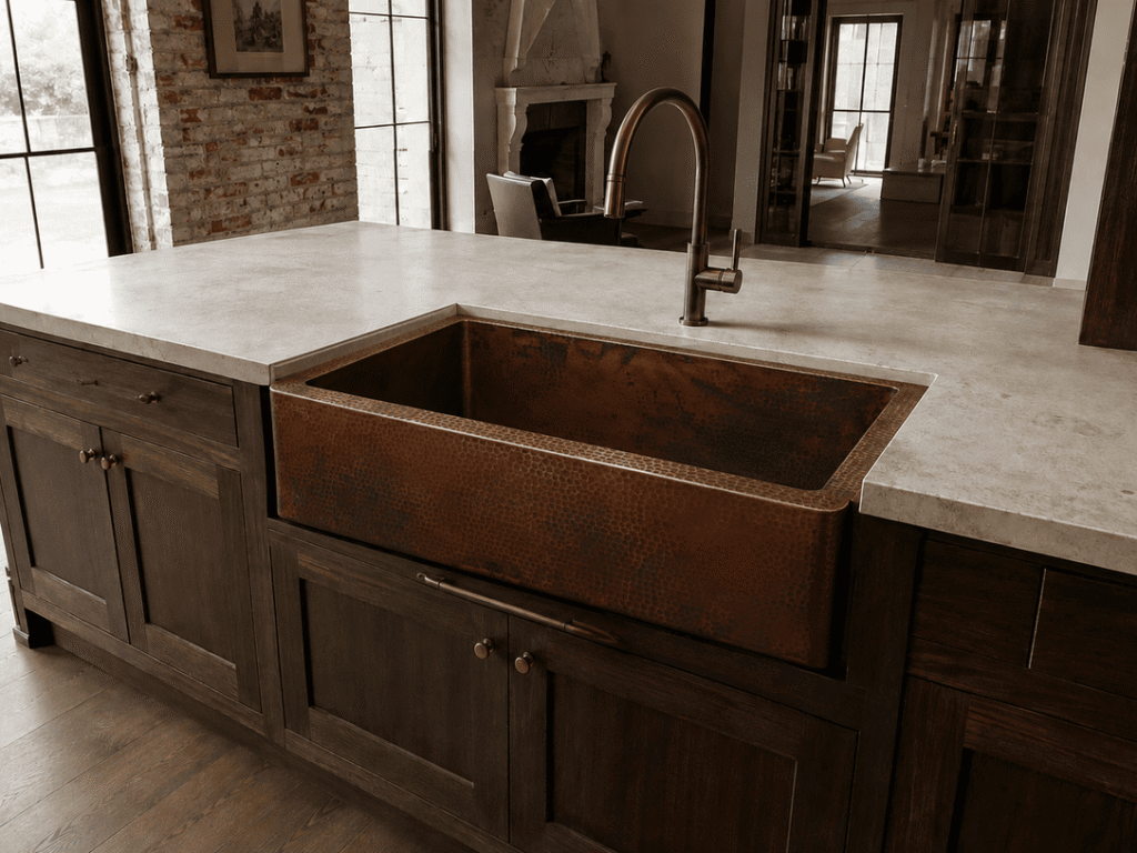 Handcrafted copper kitchen sink in a refined residential kitchen
