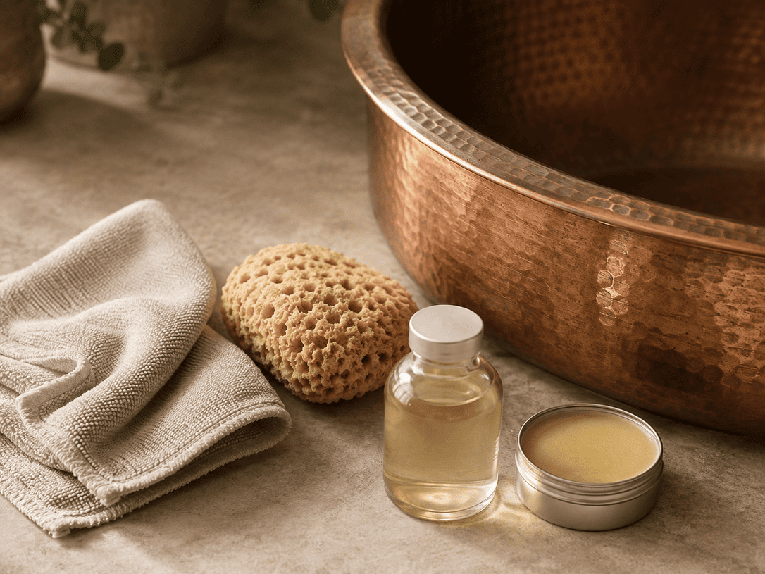 Soft cloth, natural sponge and beeswax for gentle copper sink care