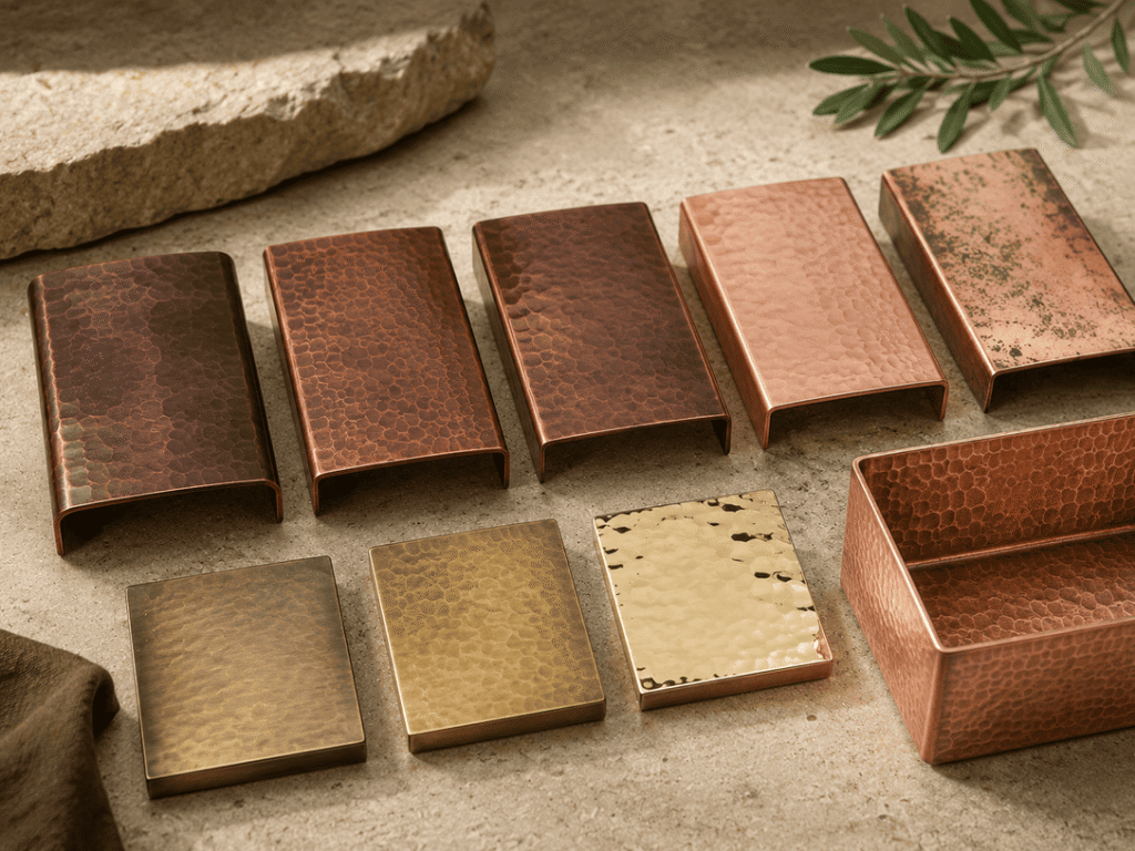 Handcrafted copper and solid brass samples showing different metal surfaces and tones