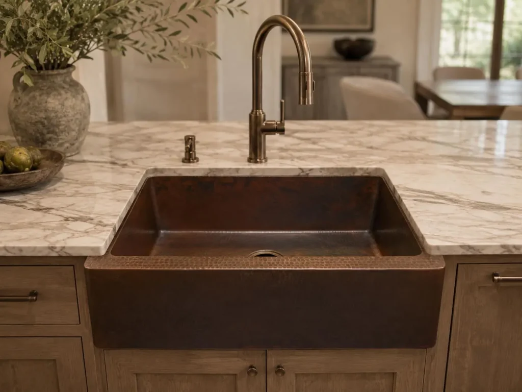 Handcrafted hammered copper farmhouse kitchen sink installed in custom cabinetry