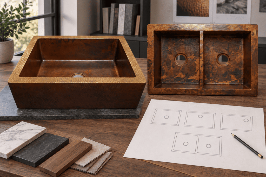Custom copper sink bowl configuration and drain placement detail