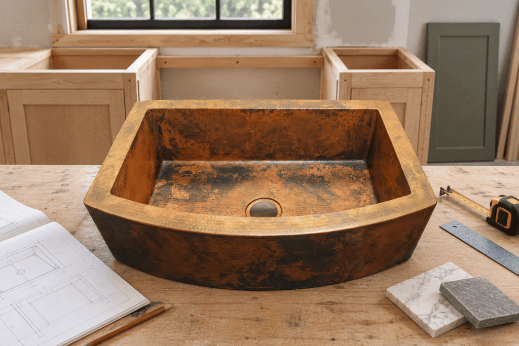 Custom copper sink planning with measurements and design details