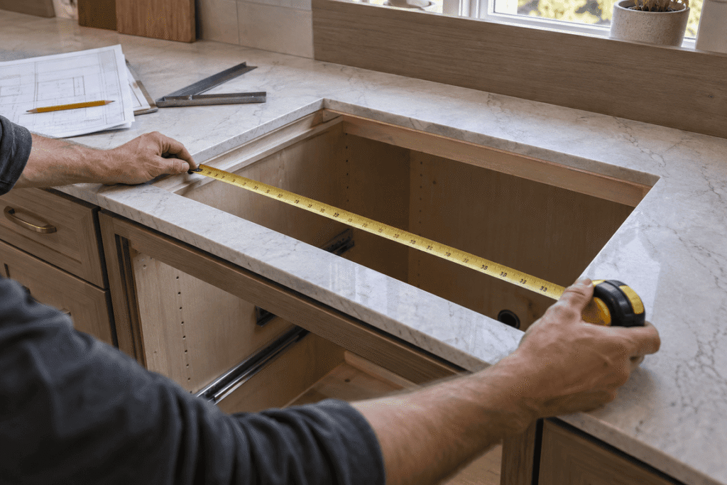 Measuring a custom copper kitchen sink for cabinetry and countertop fit