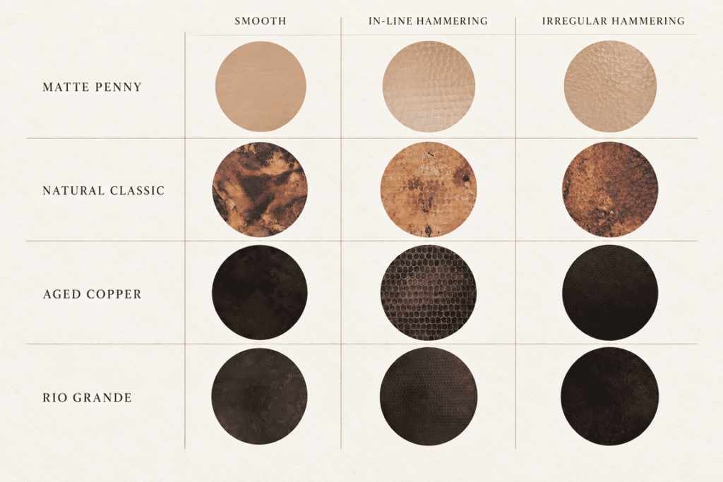 Copper sink patina and finish samples for custom sink selection